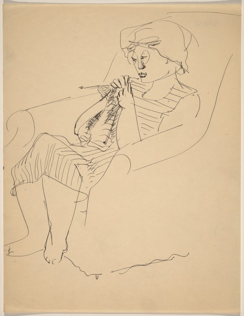 Barefoot Woman with Eyeglasses, Knitting