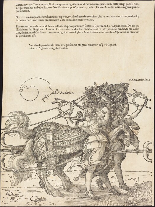 This is a drawing of a scene showing a chariot pulled by two horses named "Audatia" and "Magnanimitas." The horses are decked in detailed harnesses and are being reined by figures holding branches. The scene is set in motion with dynamic lines depicting movement, with minimal surroundings. Latin text above the image provides additional context.