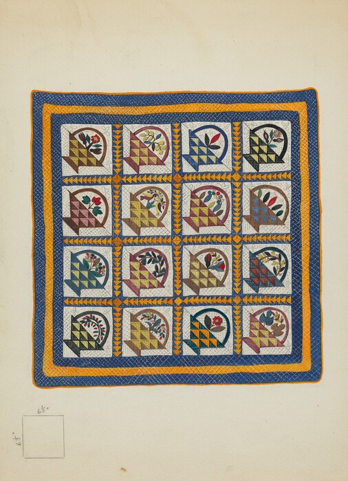 The image displays a square quilt with a grid of 16 identical blocks, each featuring a floral motif framed by triangles. The quilt's border consists of solid bands of color, primarily blue and orange. It is positioned centrally, viewed from above, with each block aligned in rows and columns, creating a symmetrical pattern.