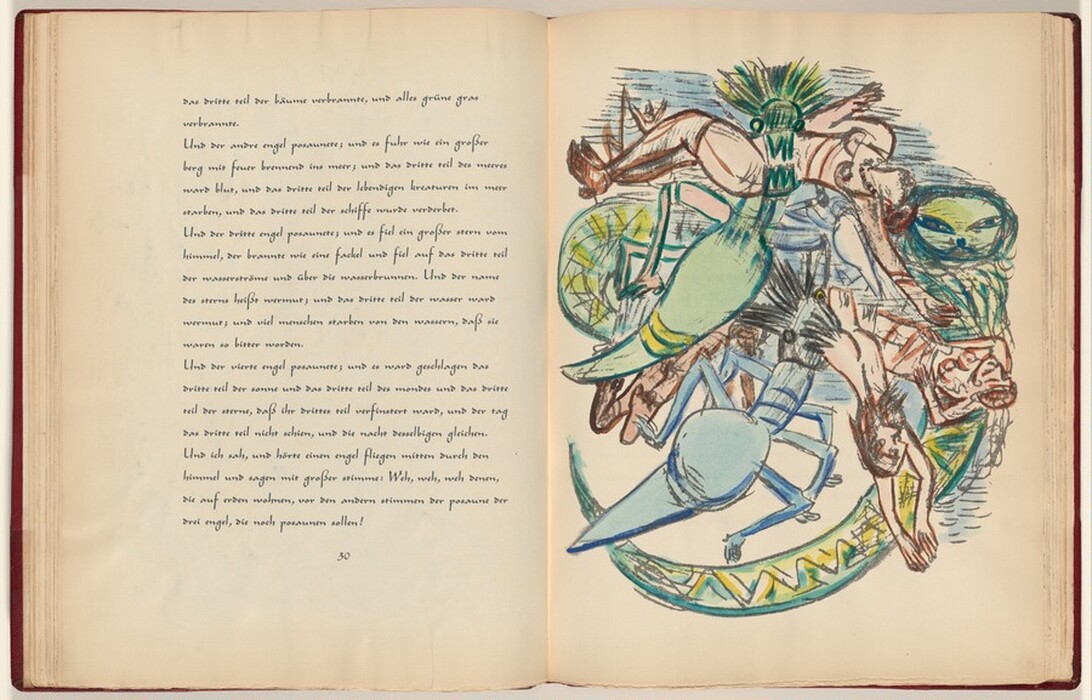 The image on the right page consists of swirling lines and various shapes that come together in an abstract composition. The central figure resembles a creature with elongated limbs and a textured, chiseled face. The forms interweave in a dynamic motion. Some elements in the drawing hint at familiar forms, such as a bird-like head with a feathered headdress, a round object resembling an eyeball, and several humanoid figures contorted in various positions. The colors are vibrant, with blues, greens, and browns dominating the scene.