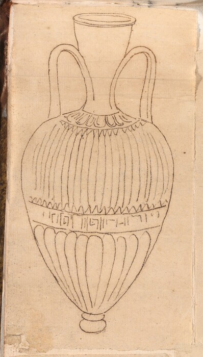 The image shows a hand-drawn illustration of a large amphora-style vase. The color palette consists of beige tones with dark brown outlines delineating the geometric patterns and details on the vase. The vase is positioned centrally in the image, with two handles on either side of the neck and a decorative band around the middle of the body.