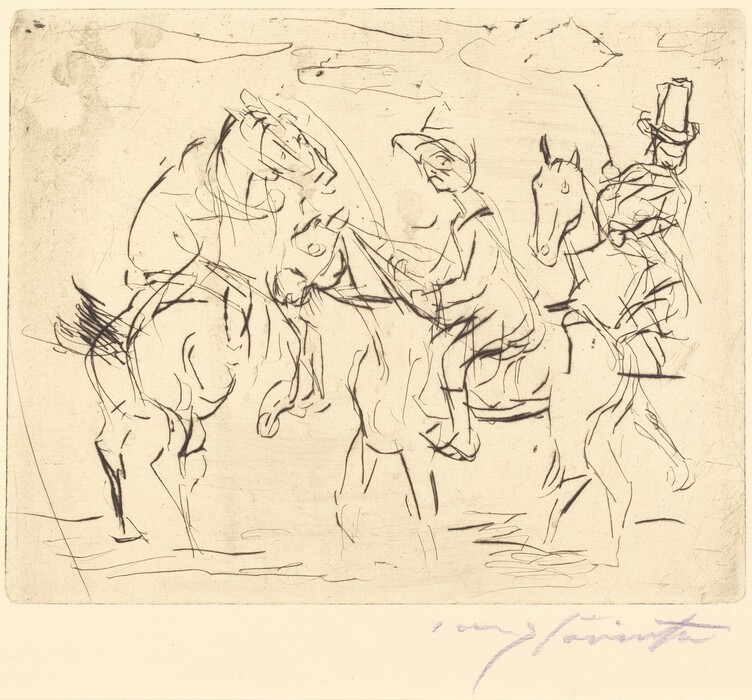 This is a drawing of horses and riders. The sketch depicts three horses with riders on their backs, drawn in a loose style using quick, fluid lines. The figures are suggested rather than fully rendered, capturing a sense of movement and spontaneity. The use of minimal lines conveys the essential forms and actions of the horses and riders. The background is sparse, focusing attention on the central figures and their interaction.