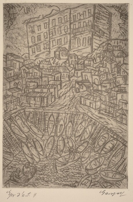 The image displays a densely populated hilly townscape by the water from a slightly elevated angle. The composition features buildings, boats on water, and a rugged landscape with sketchy lines indicating foliage or rocky terrain. The style is characterized by rough, sketch-like lines typical of etching, creating a dynamic feel. The color palette is monochromatic using shades of sepia or graphite, giving a classic, timeless quality.