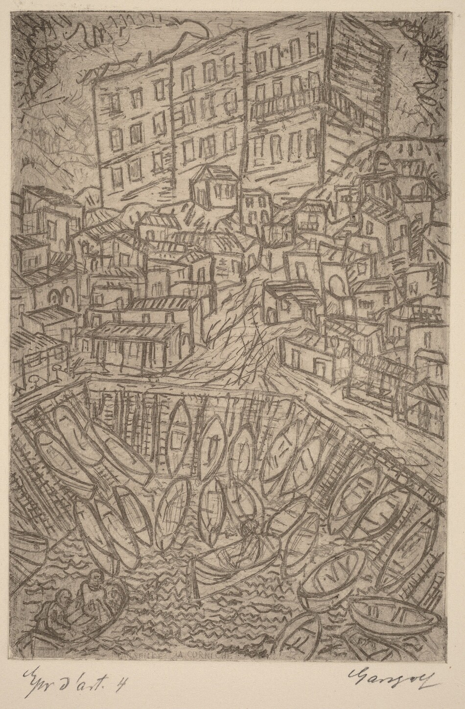 The image displays a densely populated hilly townscape by the water from a slightly elevated angle. The composition features buildings, boats on water, and a rugged landscape with sketchy lines indicating foliage or rocky terrain. The style is characterized by rough, sketch-like lines typical of etching, creating a dynamic feel. The color palette is monochromatic using shades of sepia or graphite, giving a classic, timeless quality.