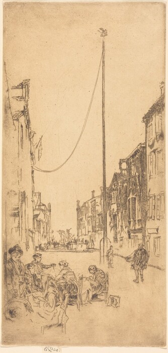 The image shows a street scene from a slightly elevated viewpoint. The cobblestone street is lined with buildings. Trees can be seen at the end of the street. A tall post with an ornamental top is in the center. The scene features finely detailed brushstrokes and etched lines depicting architectural structures and figures. The color palette is dominated by sepia tones. People are engaged in various activities, such as sewing. Other figures and structures can be seen in the distance, adding depth to the scene.