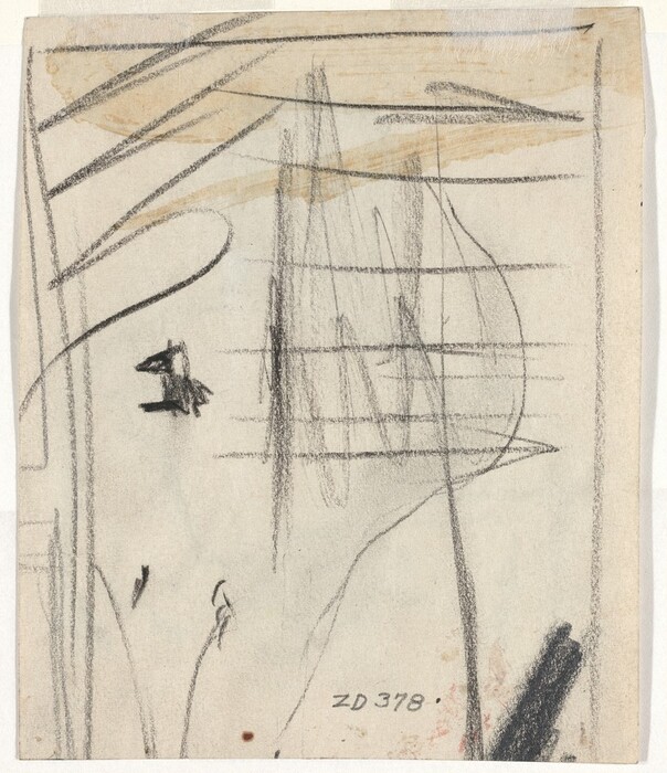 The image shows intersecting lines and curves of varying thickness and shapes. In the middle left, there is a small shape reminiscent of a bird in flight. Linear scribbles and a dark, cloud-like form can also be seen at the bottom right.