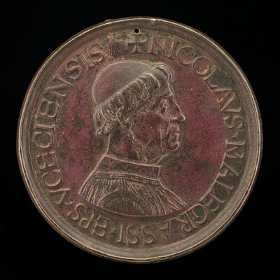 The sculpture is a round medallion depicting a profile portrait of a man inscribed with "NICOLAUS MALREGRESSIS VICECENSIS." The subject of the sculpture has distinct facial features, including a prominent nose and slightly open mouth, and is wearing a robe with a high collar. The figure has short hair that seems carefully styled. The color of the sculpture is predominantly a dark metallic brown with a hint of reddish patina.