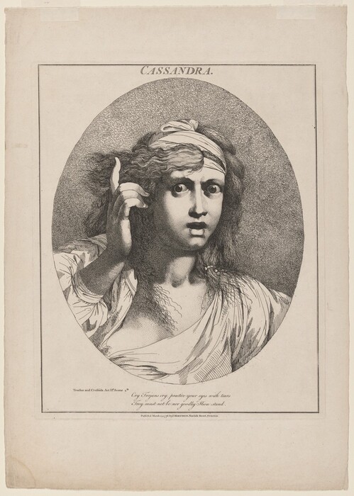 The image shows a person's upper body in a three-quarter view. The individual faces forward with their right hand raised, index finger extended towards the ear. They have expressive facial features, with wide eyes and slightly parted lips, framed by wavy, shoulder-length hair. A headband or cloth wraps around their head. The person wears a draped garment that hangs off one shoulder. No visible jewelry or objects are present. The background is a simple, shaded oval shape.