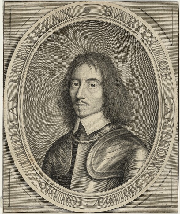 The image is an engraving showing the upper body of a man in a classical portrait style. The man's head is turned slightly to his left, while he gazes directly at the viewer. He has a prominent nose, thin lips, and a small mustache along with a well-groomed beard on his chin. His eyes are deep-set, and he has shoulder-length, wavy hair that frames his face. He is wearing a high-collared garment beneath a suit of armor that covers his shoulders and chest. The background consists of an oval frame with the inscription "THOMAS. L? FAIRFAX • BARON • OF • CAMERON" as well as "Obit : 1671 Ætat. 60." The background inside the oval features a cross-hatching pattern.