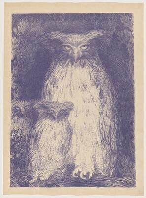 This is a drawing of three owls perched together amidst dark foliage. The central owl is prominent, gazing directly outwards with large eyes and pronounced tufts. Flanking the central owl, two smaller owls also perch quietly amidst detailed leaves and branches. The artwork is rendered in a monochromatic blue tone, emphasizing texture and depth. The technique used suggests precise strokes, capturing the essence of the owls with a mystical aura.