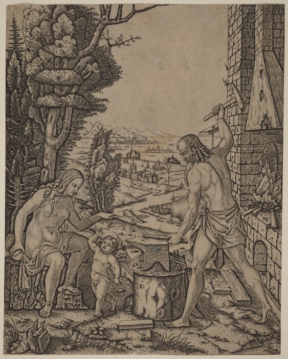 The image shows a blacksmith scene in a rural landscape. A muscular figure is working with a hammer and anvil, accompanied by a winged child and another seated figure. The setting includes lush trees on the left and a distant town or village in the background. The figures are intricately detailed with a focus on anatomical structure and drapery. The shading and line work convey depth and texture throughout the scene.