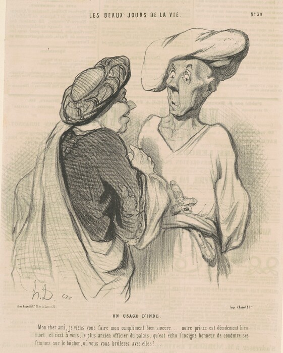 This is a drawing featuring two individuals in a traditional setting engaged in a conversation. The scene shows one figure on the left wearing a robe and a hat leaning forward with an open mouth, appearing to speak intently. The other figure on the right has a different style of headgear, possibly a turban, and facial expressions suggesting surprise. The drawing's style is satirical and exaggerated, common in caricature art. The background resembles text, typical of editorial cartoons. The piece likely belongs to a satirical series, as indicated by the accompanying text.