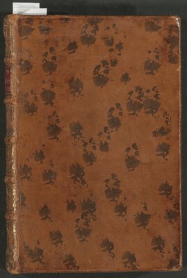 This is a photograph of a weathered leather book cover with a mottled pattern. The surface is rich, brown leather with dark, irregular spots scattered across it, giving it a worn, antique appearance. The spine of the book is visible on the left, showing faint vertical creases and a smaller section at the top with an embossed or pressed design. The book cover appears to have been well-used or designed to look aged, with distinctive leather grain and signs of wear. There is a small, white paper sticking out slightly from the top.