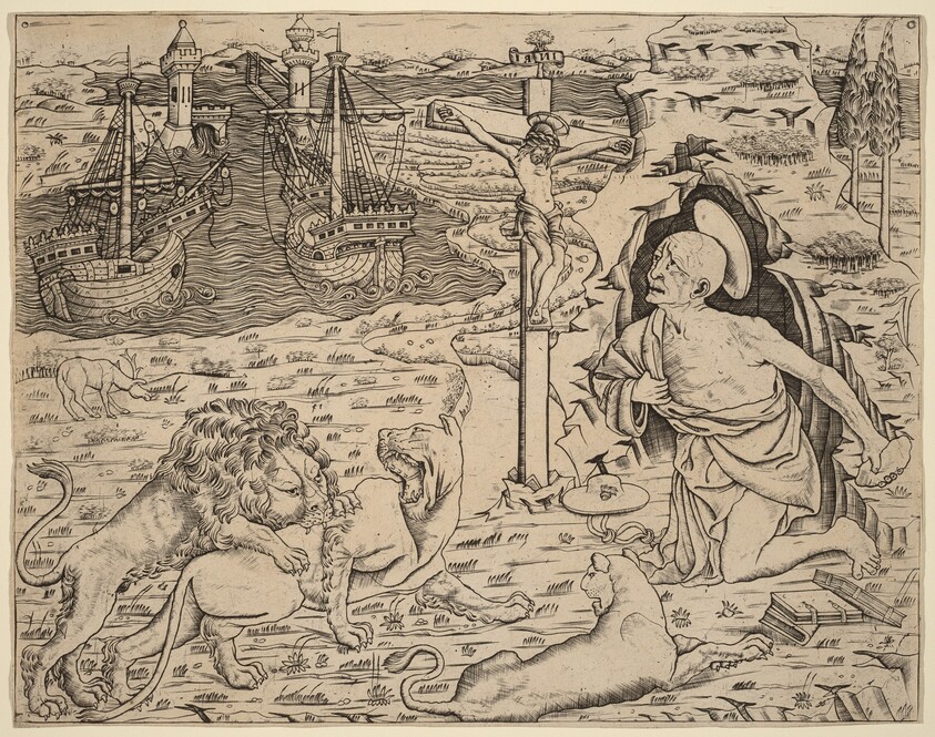 Saint Jerome in Penitence, with Two Ships in a Harbor