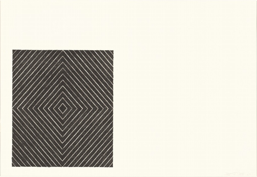 The image shows a series of concentric diamond shapes created by straight diagonal lines. The design has an optical illusion effect and is in black and white, enhancing the visual rhythm. The shapes resemble a kaleidoscope or overlapping frames.