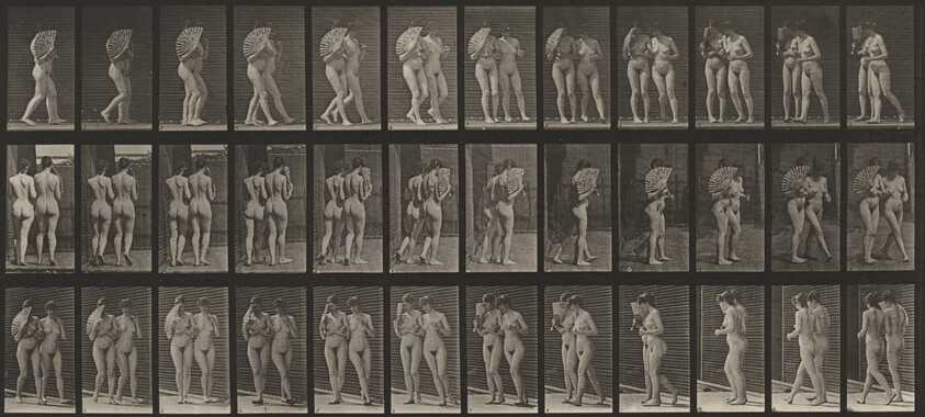 Plate Number 54. Two women walking arm in arm and turning around; one flirting a fan