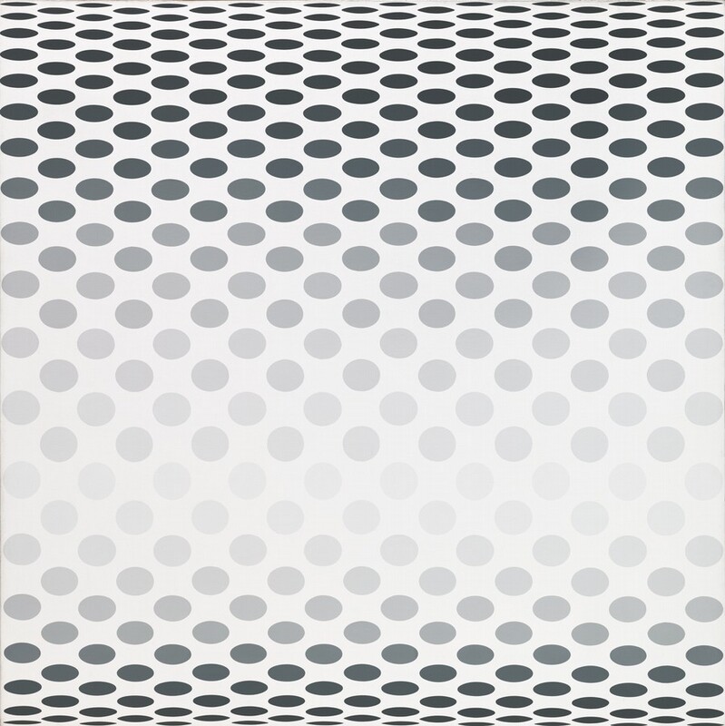 Circles are arranged in offset rows against a white background on this square canvas. Full round circles are pale gray across the center, and the shapes gradually darken as they flatten into ovals that become more elongated as they near the top and bottom edges. This creates the visual impression that the center bulges out at the viewer and curves away at the top and bottom.