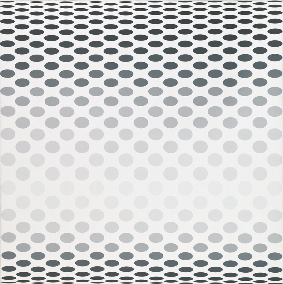 Circles are arranged in offset rows against a white background on this square canvas. Full round circles are pale gray across the center, and the shapes gradually darken as they flatten into ovals that become more elongated as they near the top and bottom edges. This creates the visual impression that the center bulges out at the viewer and curves away at the top and bottom.