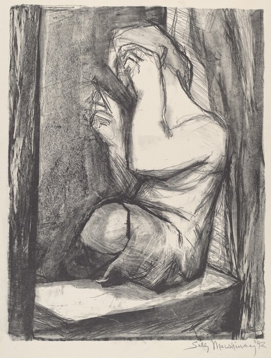 The image is an artistic drawing showing the upper half of a person's body, primarily focused on the torso and arms. The person is seated with legs drawn up and arms bent, hands brought up to the head, partially covering the face. Facial features are not detailed, and the hair blends into shadows. The person appears unclothed, emphasized through shading and lines. No jewelry or objects are visible. The background has textured shading and abstract forms, indicating a confined space, with vertical elements framing the figure. The drawing is rendered in black and white.