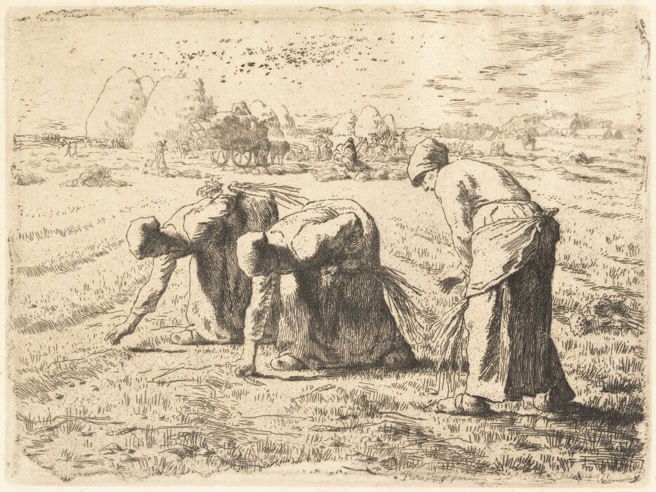 The image shows three figures working in a field. They are dressed in long garments and head coverings, gathering bundles of crops. In the background are haystacks, a wagon, and a horizon blending into a lightly detailed sky with wispy clouds. The artwork is done using fine lines and cross-hatching to create shading and texture. The color palette is monochromatic, consisting of various shades of a single, soft hue.