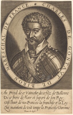 “Charles de Gontaut, Duke of Biron”. The image is an engraved portrait of a man shown from the waist up.