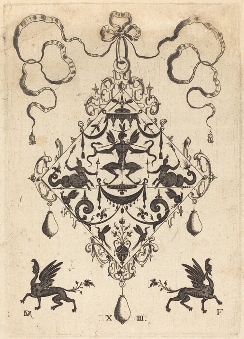The image features an ornate symmetrical design with fantastical creatures and decorative elements. The central arrangement includes two winged lion-like creatures at the base, a central figure with a human-bird hybrid appearance, surrounded by foliage and other motifs. Various decorative elements like birds, urns, and scrolls are intricately detailed in black ink on a textured background. Winding ribbons arch at the top of the composition.