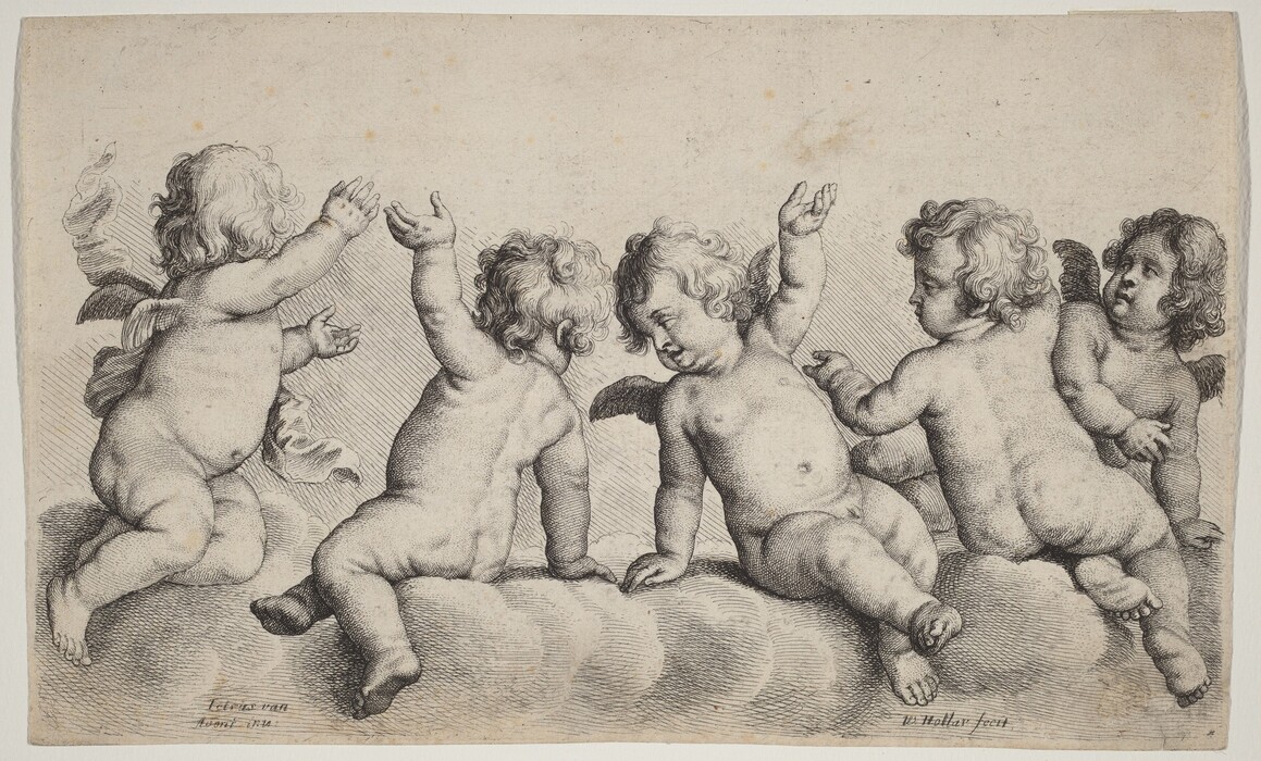 The image shows five cherubic figures seated and engaging with each other in various poses. Each figure has a cherubic face, curly hair, and delicate wings on their backs. They are depicted in the nude against a cloudy background, giving the impression of sitting on clouds. The setting is minimalistic with a clear sky, creating a serene scene.
