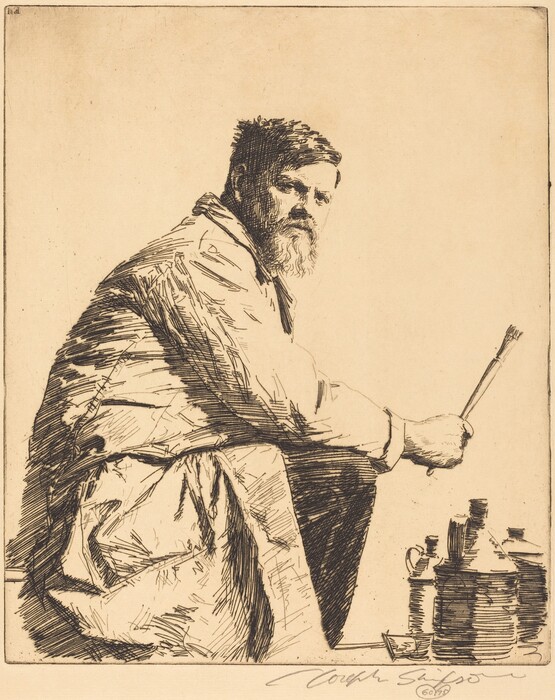 The illustration depicts a man in a seated position, facing right. He has a beard, short hair, and is holding a brush in his right hand. He is wearing a loose-fitting garment and is surrounded by jars and containers. The background is plain.