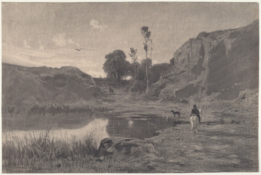 A Rider by a Mountain Pond at Sunset