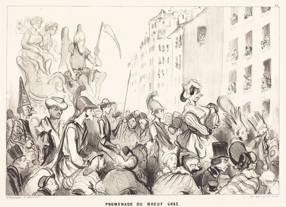 This is a drawing of a parade scene. The artwork depicts a bustling street with buildings in the background. Figures observe from windows. The parade shows various figures in costumes and headwear. One figure is seated on a high chair or float, holding a scythe. The scene is filled with movement and activity, with participants seemingly in action. The drawing features heavy lines and shading.