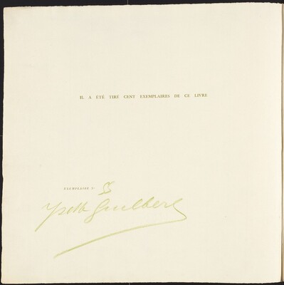 This is a photograph of a text page. The page contains printed text in French and a handwritten signature. The printed text at the top reads, "Il a été tiré cent exemplaires de ce livre." Below this, to the left, is the word "Exemplaire N°" followed by a handwritten number and a signature in light green ink.