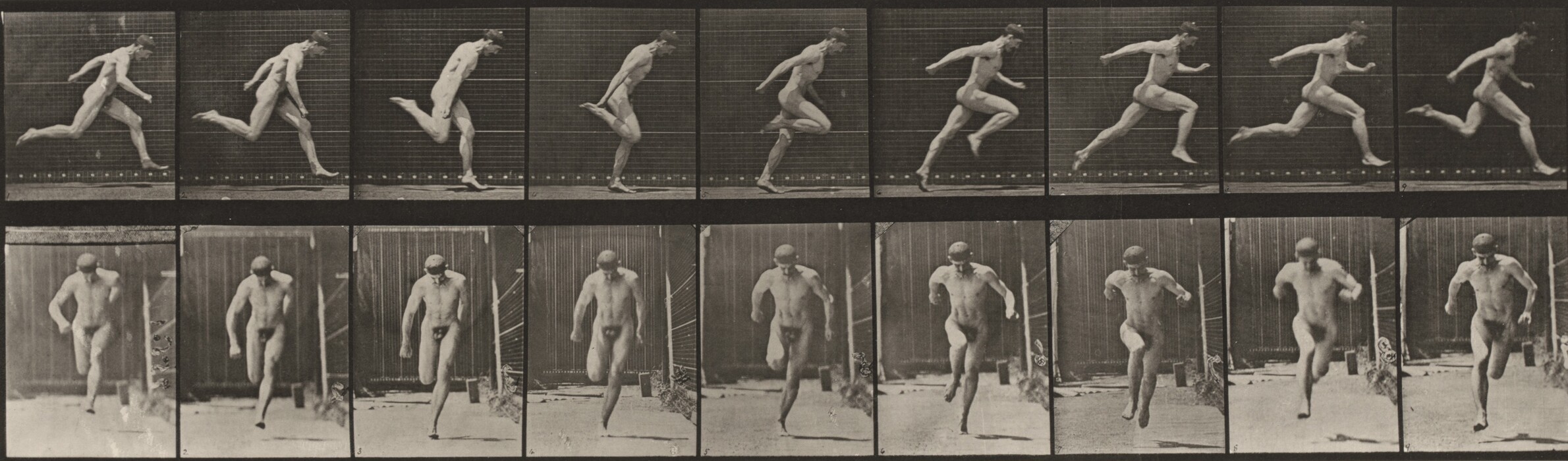 This is a photograph of a sequence of black and white frames capturing a person running. The frames show different stages of the running motion in both side and frontal views. Each frame freezes a moment in time, depicting the movement of limbs and body. The background is plain, emphasizing the motion of the subject. The style is reminiscent of early motion studies in photography.