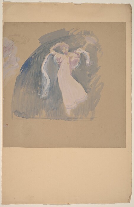 The image shows fluid and expressive brushstrokes creating an abstract composition with a central figure. The shapes suggest a person with arms raised, cloaked in sweeping fabric. Blue and purple strokes surround the figure, resembling waves or flowing water. The wavy lines suggest a billowing gown. The artwork invites the viewer to imagine a dancer mid-performance, evoking the familiarity of a dance performance.
