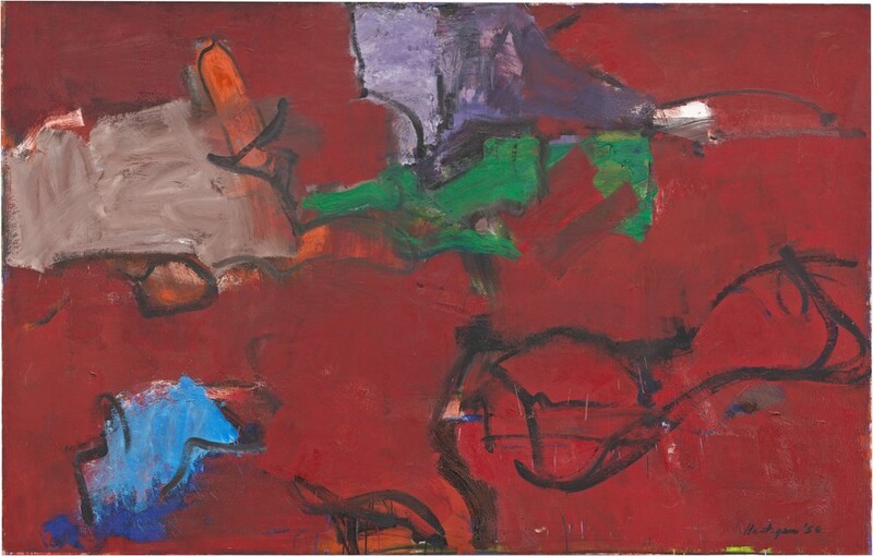 Scrawled and energetic lines and color are spaced across a scarlet-red background in this horizontal, abstract painting. Textured brushstrokes are visible throughout. From left to right across the top half of the composition are patches of smoke gray, traffic-cone orange, emerald green, and violet purple. An ultramarine and cobalt-blue patch is near the bottom left corner, and smudges of orange and vivid yellow are along the edge at the center and near the bottom right corner of the painting. Curving black lines slice and backtrack around the bottom right quadrant of the composition, and more black encloses or crosses some of the patches of color. The artist signed and dated the painting in the lower right corner, “Hartigan 58.”