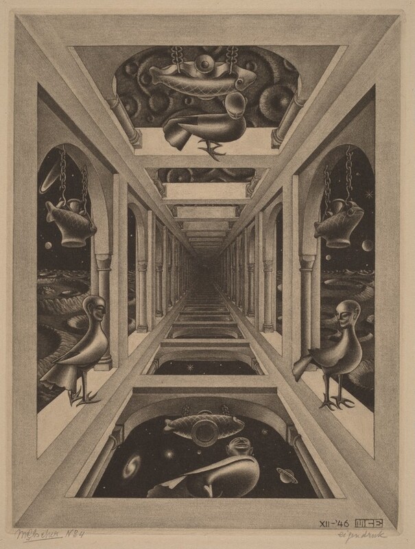 Printed with tones of gray and inky black, this print shows rows of arched openings reaching into the infinite distance at the dark center of this vertical mezzotint. A fish-shaped lantern hangs from the arch closest to us on all four sides, and a bird with a human skull-like face stands beneath. The walls to the left and right side travel back logically, but we seem to look up at the windows on the bottom edge and down at the windows on the top edge. In other words, the arched top of the opening points toward us at the top edge of the sheet, and the arched opening angles away from us on the bottom edge, making an impossible space. The views out the side windows show cratered landscapes with planets and a comet across the dark sky. Through the bottom arch we look up at swirling galaxies, stars, and planets in a black sky. The views out the top windows are down onto different sized craters that intersect like rings from stones tossed into a still lake. All four walls meet in complete darkness at the center of the composition. The artist signed the work with his blocky monogram in the lower right corner, “XII-’46 MCE.” The artist also signed the lower left margin, “MC Escher No 4” with graphite and inscribed “eigen druk” under the lower right corner.
