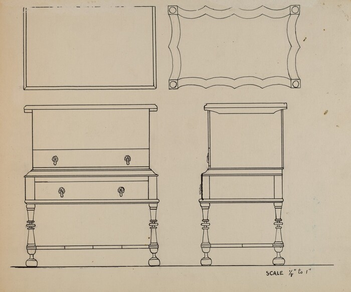 This is a drawing of a furniture design. The drawing provides detailed views of a piece of furniture, likely a small cabinet or side table, with clear dimensions indicated by the scale label. The drawing includes multiple views: a frontal view, a side view, and two top views. The piece features two drawers and is supported by turned legs. The top views show the outlines of the tabletop, which has a carved or inlaid design. The precision of the lines and the scale suggest this drawing was intended for construction or manufacturing purposes.