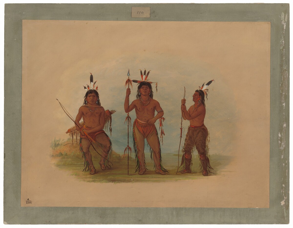 The image shows three individuals depicted from head to toe. The central figure stands upright, with the figure on the left seated, and the figure on the right standing in a relaxed pose with a bent leg. Each individual has distinct facial features, black hair adorned with feathers, and dressed in traditional attire including decorative elements made of feathers, animal hide, or fur. The seated individual holds a bow, while the central figure holds a feather-decorated spear. All three individuals wear necklaces and have feathers in their hairstyles. The background features a subtle pastoral landscape of grass and open sky.