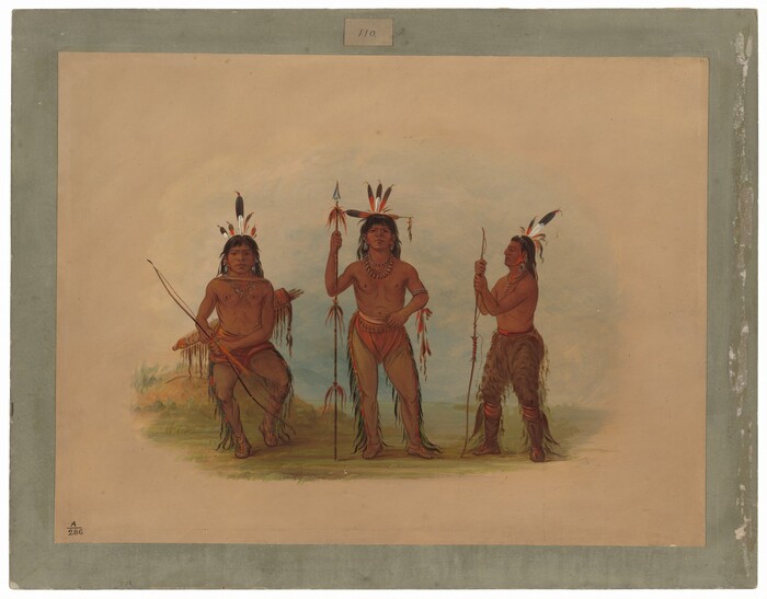 The image shows three individuals depicted from head to toe. The central figure stands upright, with the figure on the left seated, and the figure on the right standing in a relaxed pose with a bent leg. Each individual has distinct facial features, black hair adorned with feathers, and dressed in traditional attire including decorative elements made of feathers, animal hide, or fur. The seated individual holds a bow, while the central figure holds a feather-decorated spear. All three individuals wear necklaces and have feathers in their hairstyles. The background features a subtle pastoral landscape of grass and open sky.