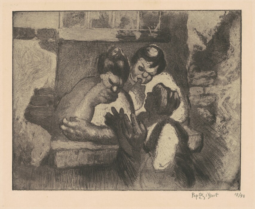 The image depicts three figures in a sketch or print, shown from the waist up. One figure holds a child, with their faces in close proximity. The adult figures have indistinct facial features and short hair. The child's features are slightly more discernible. The figures' clothing is rendered in shades of gray without intricate detail. The background shows a textured wall and a window above, hinting at an interior setting. No jewelry or objects are visible, aside from the child.
