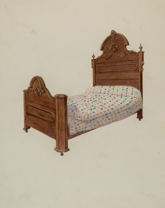 The image shows a wooden bed with intricate carvings on the headboard and footboard, accompanied by a colorful quilt. The color palette includes brown wood and a quilt with multicolored shapes such as blue, red, yellow, and green. The bed is positioned slightly to the left with the footboard facing the viewer and the headboard displaying its design.