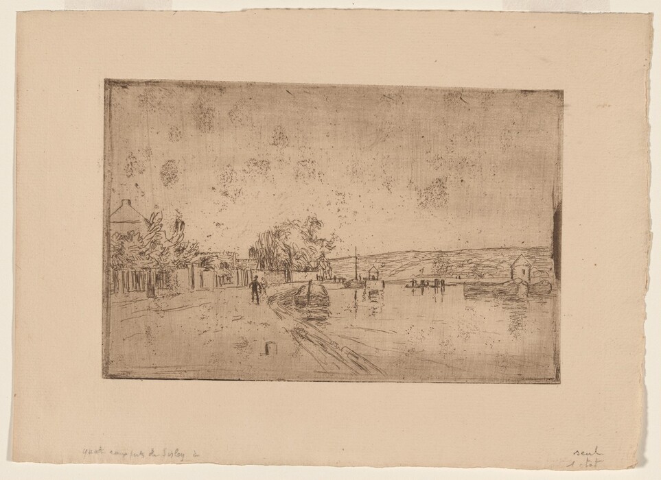 The image shows a riverside or coastal scene from a slightly elevated viewpoint. The horizon is placed around the upper third of the image, where the water meets the distant land. In the distance, there are trees and buildings along the shoreline. Some structures are visible reaching upwards. The image uses delicate brushwork or etching to create soft details. The color palette is monochromatic, predominantly beige and sepia. Close to the viewer, there are fence-like structures and trees along a path, with a small boat on the water's edge. Figures and structures in the distance blend seamlessly with the environment.