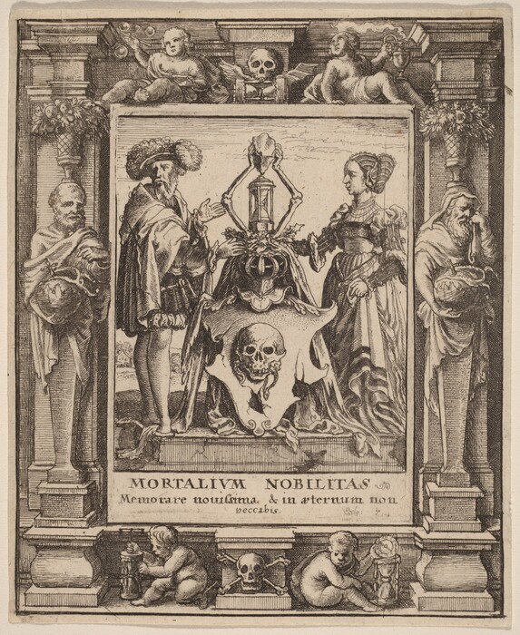 The image is an engraving depicting a scene framed by intricate architecture. In the center, a man and a woman face each other, both standing upright. The man on the left wears a robe and a plumed hat, while the woman on the right wears elaborate clothing and a decorative hairstyle. Between them is a large cloth with a skull and hourglass motif, which they both touch. Male figures on pedestals flank them. At the top are two reclining cherubs, and at the bottom, two seated cherubs each holding an hourglass, with skulls between them. The background shows classical architecture with columns and floral elements.