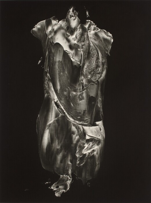 The image features fluid, swirling shapes and lines creating a dynamic composition. The patterns and shades of gray against a black background evoke the appearance of flowing fabric or smoke. The central form resembles a draped cloth or cascading waterfall, with textures resembling waves and eddies found in nature.