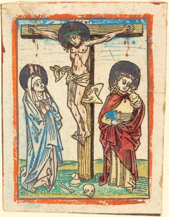 The image shows three figures in a medieval style. In the center, a person is on a cross. The person has mid-length hair, a crown of thorns, minimal clothing, and a cloth around their waist. On the left, a figure with a halo and flowing robe. On the right, another figure with a halo, holding what looks like a book, dressed in a cloak. Below the cross, there is a skull and a bone on the ground. The background has a blue sky, green foreground, and a red and orange frame.