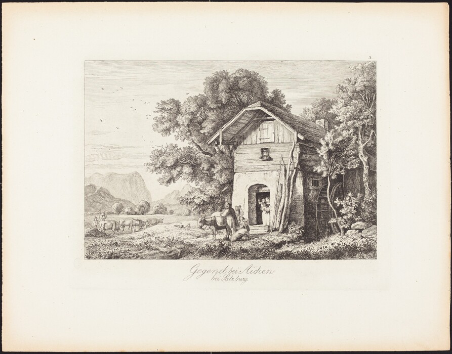 The image displays a pastoral scene with a detailed landscape and buildings. The viewpoint is slightly elevated, showing an expanse of the landscape with distant mountains and trees. A rustic house with a person at the doorway is surrounded by trees in the center. In the foreground, there is a small herd of cows walking on a path with a figure on horseback. The sky is lightly depicted with birds. The etching technique uses fine lines and hatching for texture. The color palette is mainly greys and blacks typical of monochromatic etchings.