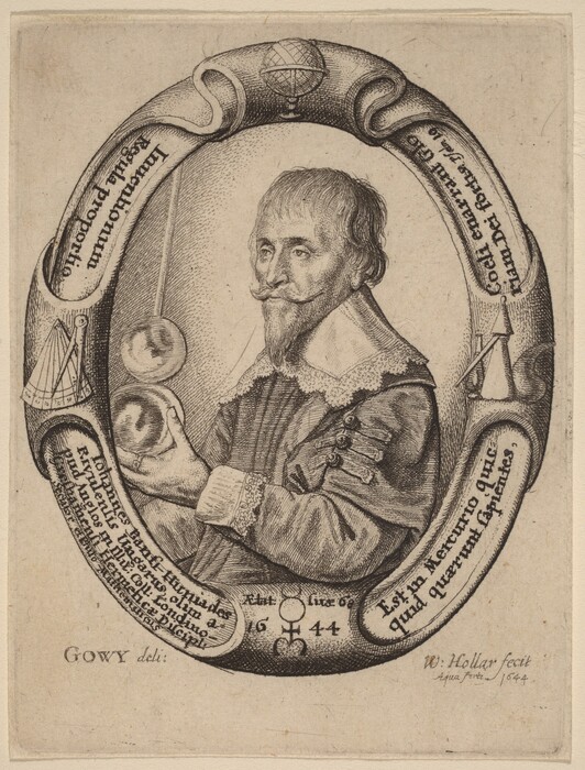The image shows a portrait of a man from the waist up, positioned in a three-quarter view facing left. He has distinct facial features, including a pointed moustache and a short beard. His hair is medium length, seemingly wavy, and brushed forward. The man is dressed in a detailed garment featuring a fitted bodice with buttons on the sleeve, a wide lace collar, and patterned textures. He is holding a spherical object in his left hand. The background consists of an ornate oval frame with elaborate scrolls and a globe depicted at the top. Latin inscriptions surround the frame, adding a scholarly context to the image. The artwork is engraved and displays a high level of detail in the clothing and facial features of the subject as well as the framing elements.