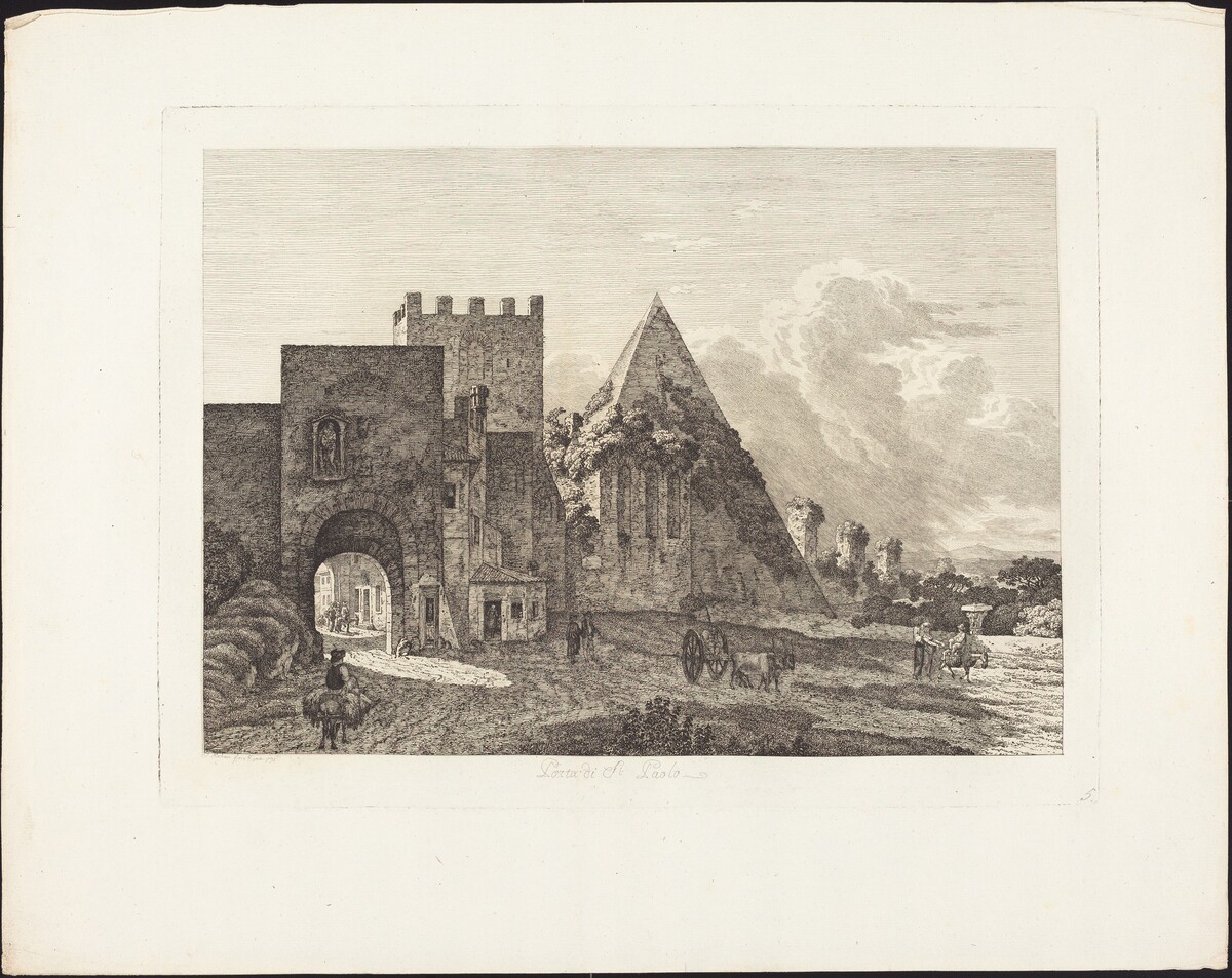 The image shows an architectural structure with a large arched gateway, a castle-like wall, and a triangular, pyramid-like structure. The perspective is slightly elevated, with the horizon high in the image, partially obscured by structures, trees, and clouds. The monochromatic artwork consists of fine, detailed brushstrokes depicting textures of stone and foliage. The color palette is limited to sepia tones. A person on horseback is close by, and the road leads through the archway to a populated area with smaller figures and buildings. A cart, animals, trees, and ruins are visible to the right.