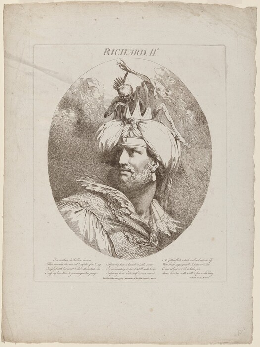 The image shows a bust-length depiction of a person in a three-quarter view to the left. The individual is in a regal or authoritative pose, with their head slightly turned. Their features are detailed, with strong facial features, a prominent nose and lips, and a beard. They are wearing an elaborate turban or headdress with a central jewel or brooch, suggesting nobility. Their clothing is richly embroidered, and they have large earrings. Behind them, another figure appears to be floating, holding an object above the main figure's head. The background has a textured, stippled pattern in an oval frame. The text "RICHARD, II" is inscribed above the figure, identifying them.