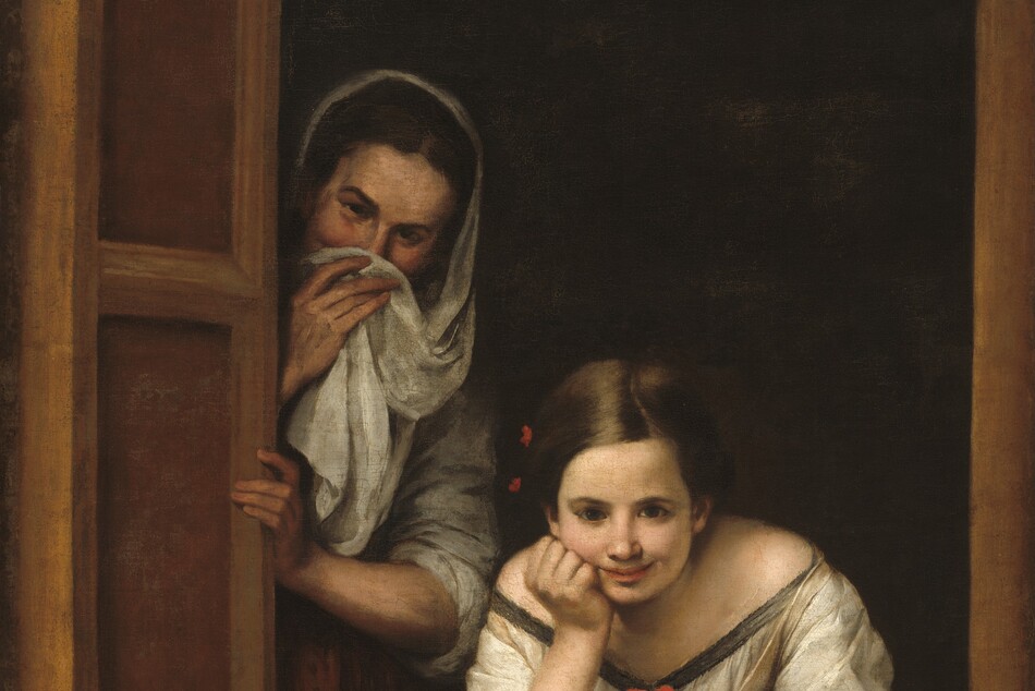 Two women with pale skin look out at us from the other side of a rectangular window opening with a shadowy interior behind them in this vertical painting. On our right, in the lower third of the composition, one young woman leans toward us over her left arm, which rests along the window ledge. She bends her right arm and props her chin on her fist. She looks at us with dark brown eyes under dark brows. She has shiny chestnut-brown hair with a strawberry-red bow on the right side of her head, to our left. She has a straight nose, and her full pink lips curve up in a smile. She wears a gossamer-white dress with a wide neckline trimmed in dark gray, with another red bow on the front of her chest. Her voluminous sleeves are pushed back to her elbows. To our left, a second woman peeks around a partially opened shutter. She is slightly older, and she stands next to the first woman with her body facing us. She tilts her head and also gazes at us with dark eyes under dark brown brows. She has dark brown hair covered by an oyster-white shawl. She holds the shawl up with her right hand to cover the bottom half of her face. Her mouth is hidden but her eyes crinkle as if in a smile. Her left arm bends at the elbow as she grasps the open shutter. She also wears a white shirt pushed back to her elbows, and a rose-pink skirt. The frame of the window runs parallel to the sides and bottom of the canvas. The room behind them is black in shadow.