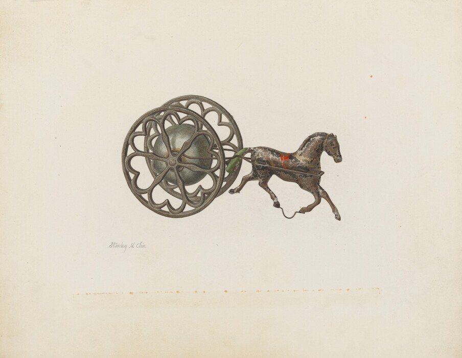 A circular shape with an intricate lace-like pattern is on the left side of the image. The circular design features interconnected loops and curved lines. Emerging from this circular design is a figure resembling a horse. It is depicted with realistic details showing its muscular structure and dynamic pose.